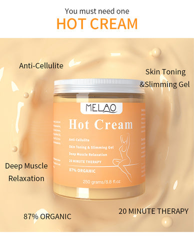**Melao Crema Caliente** – Adelgazamiento, Reducción de Celulitis y Reafirmante para el Cuerpo    Crema ideal para la quema de grasa abdominal y tonificación del cuerpo, con extracto de jengibre para mejores resultados.
